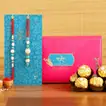 Elegant Blue Pearl Bhaiya Bhabhi Lumba Rakhi Set with 3 Ferrero Rocher Chocolates
