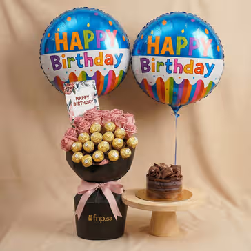 Purple Roses & Chocolate Birthday Bouquet