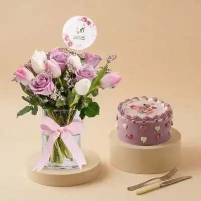Tulip n Rose Elegant Vase For Mom - With Cake 