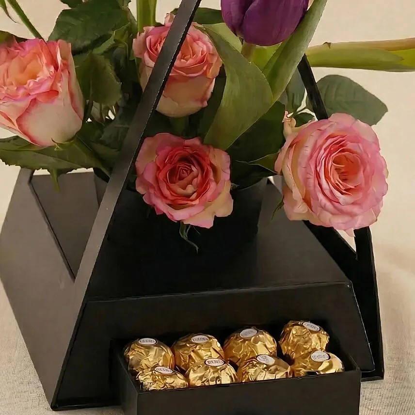Premium Purple Tulips & Rose Hut Box with Chocolates for Mom