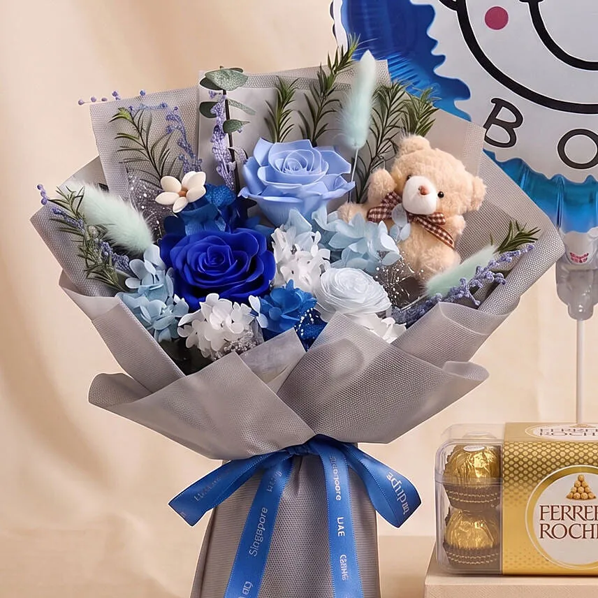 Preserved Roses Bouquet with Teddy Bear for Baby Boy