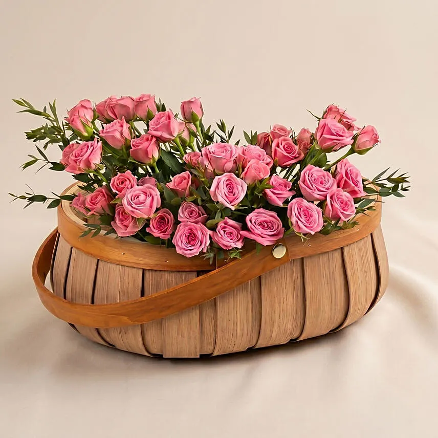 Pink Spray Rose in Small Basket