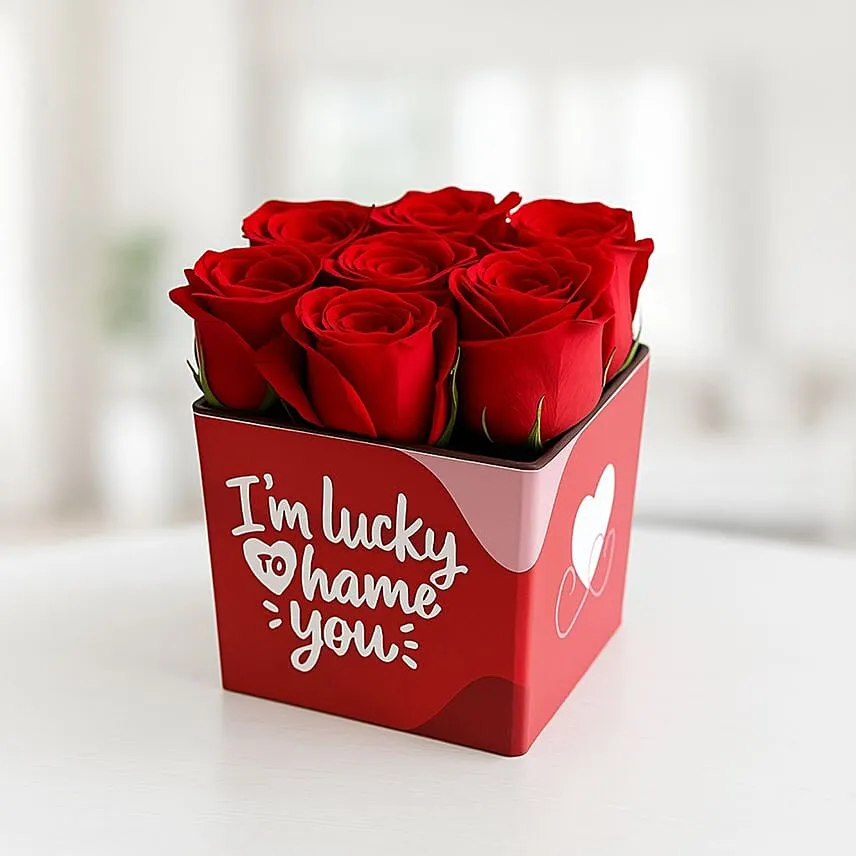 Red Roses In Lucky To Have You Glass Vase