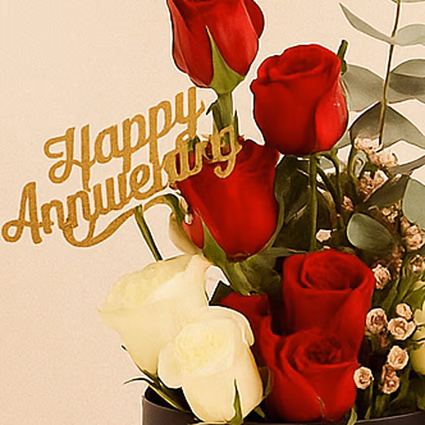 Anniversary Wishes - Flowers Cake & Wine