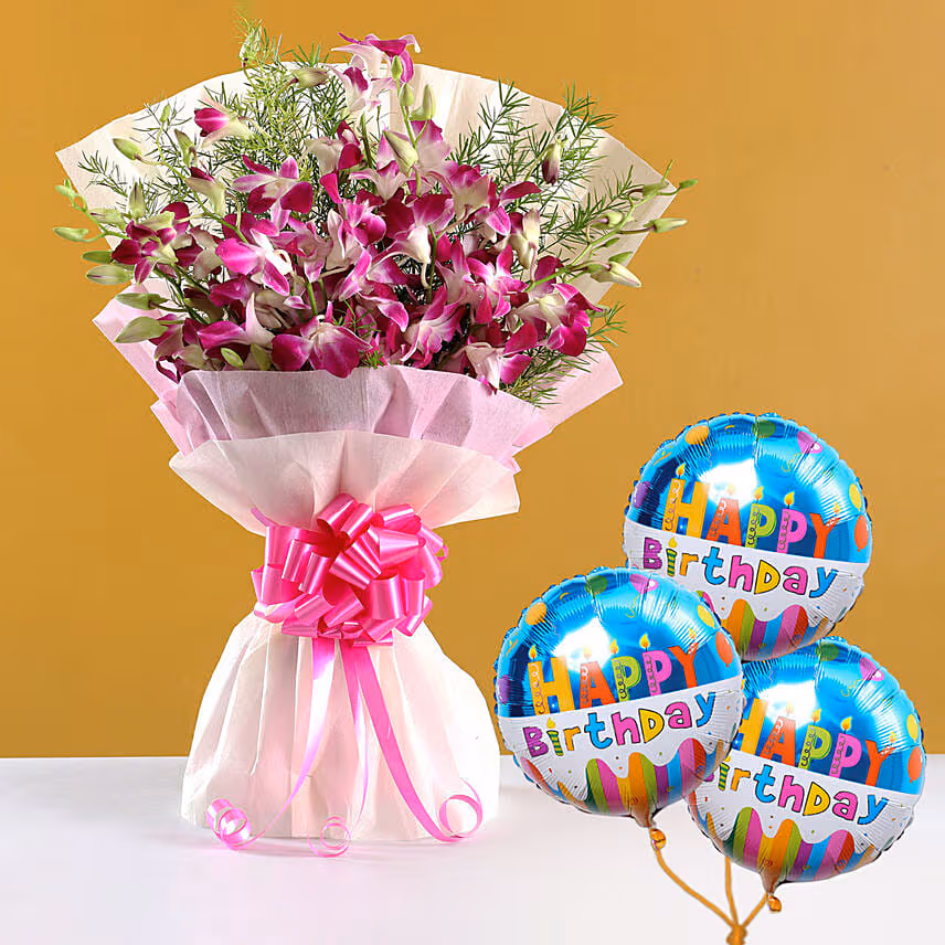 Ten Purple Orchids Bouquet With Balloons