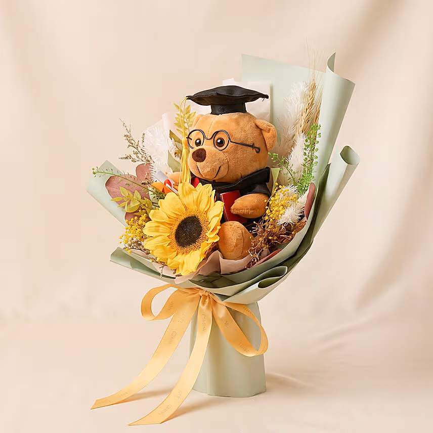 Sunflower & Bear Preserved Graduation Bouquet