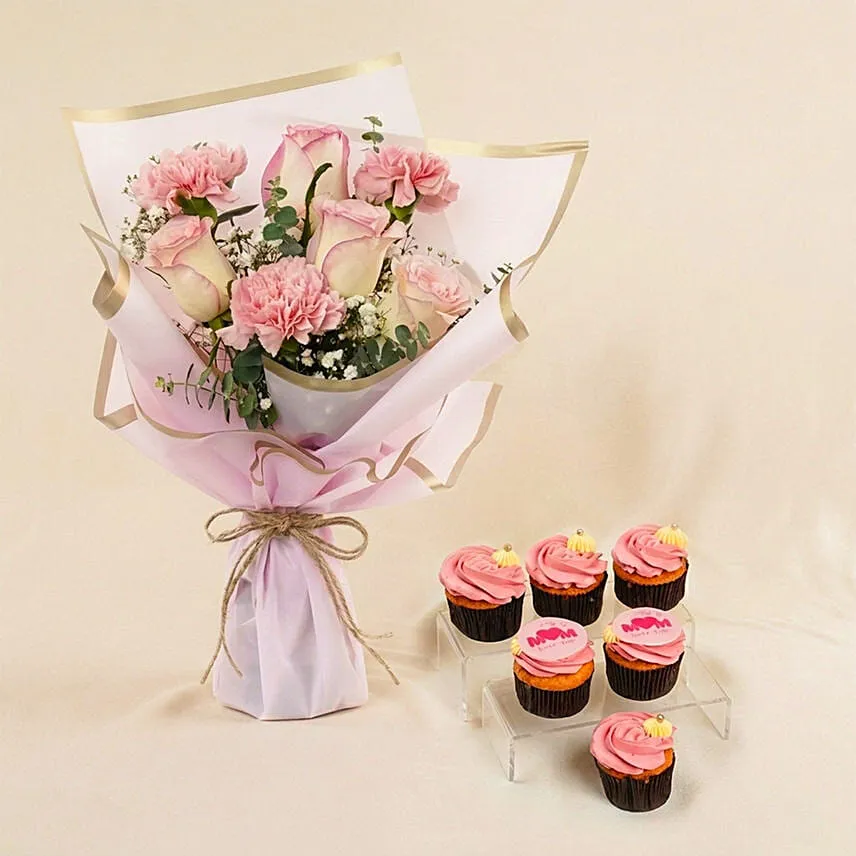 Flowers and Cupcakes Combo – Pink Blooms & Vanilla Treats