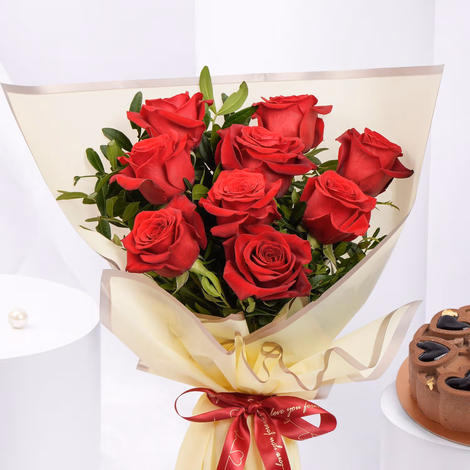 Romantic Red Rose Bouquet with Decadent Chocolate Cake - Perfect Gift for Loved Ones