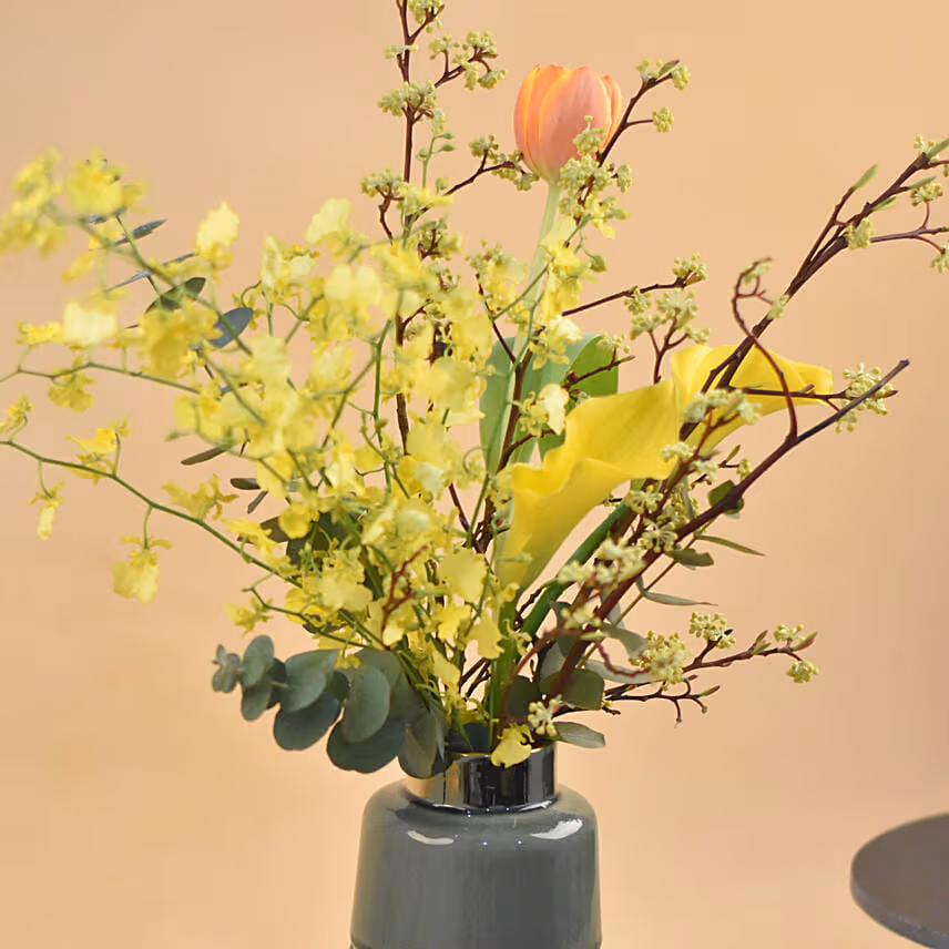 Orange Tulip & Yellow Lily Designer Vase