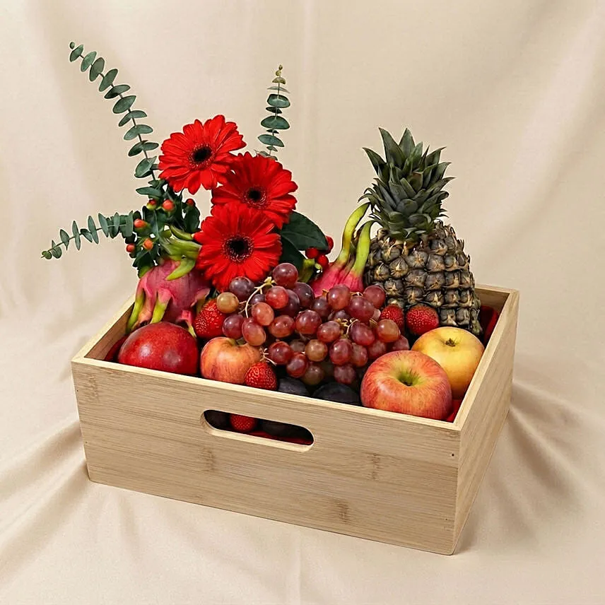 Mixed Red Flowers & Assorted Fruits Oval Basket