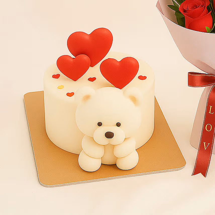 Adorable Teddy Bear Cake and Flowers Bundle