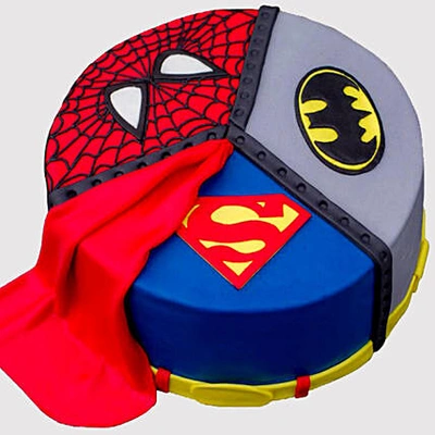 Superheroes Fondant Cake with Marvel and DC Logos