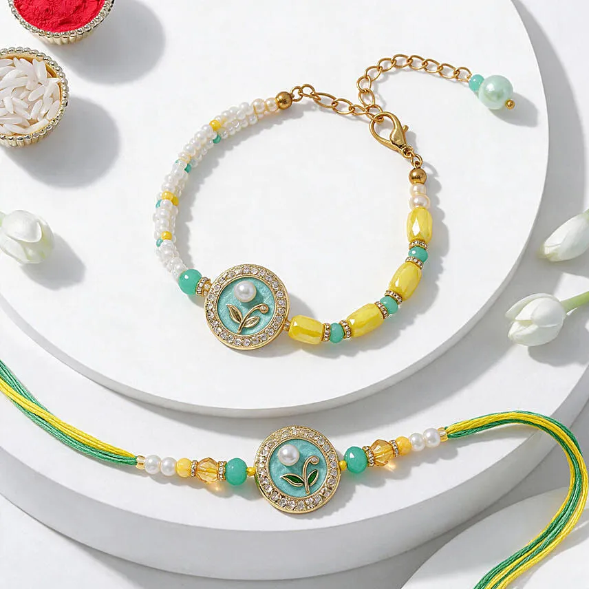 Green and Yellow Stone Bhaiya Bhabhi Rakhi with Rasgulla