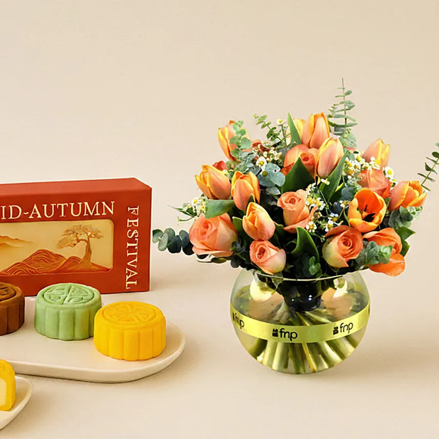 Mid-Autumn Snowskin Mooncakes Box of 4 with Radiant Orange Flower Arrangement Gift Set