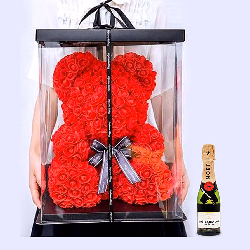 Artificial Roses Red Teddy Bear With Mini Moet Champagne 200 Ml For Valentine