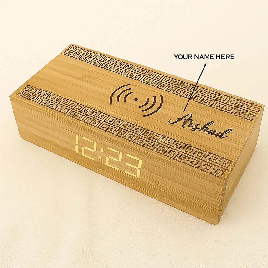 Engraved Text Bamboo Wireless Charger with Clock