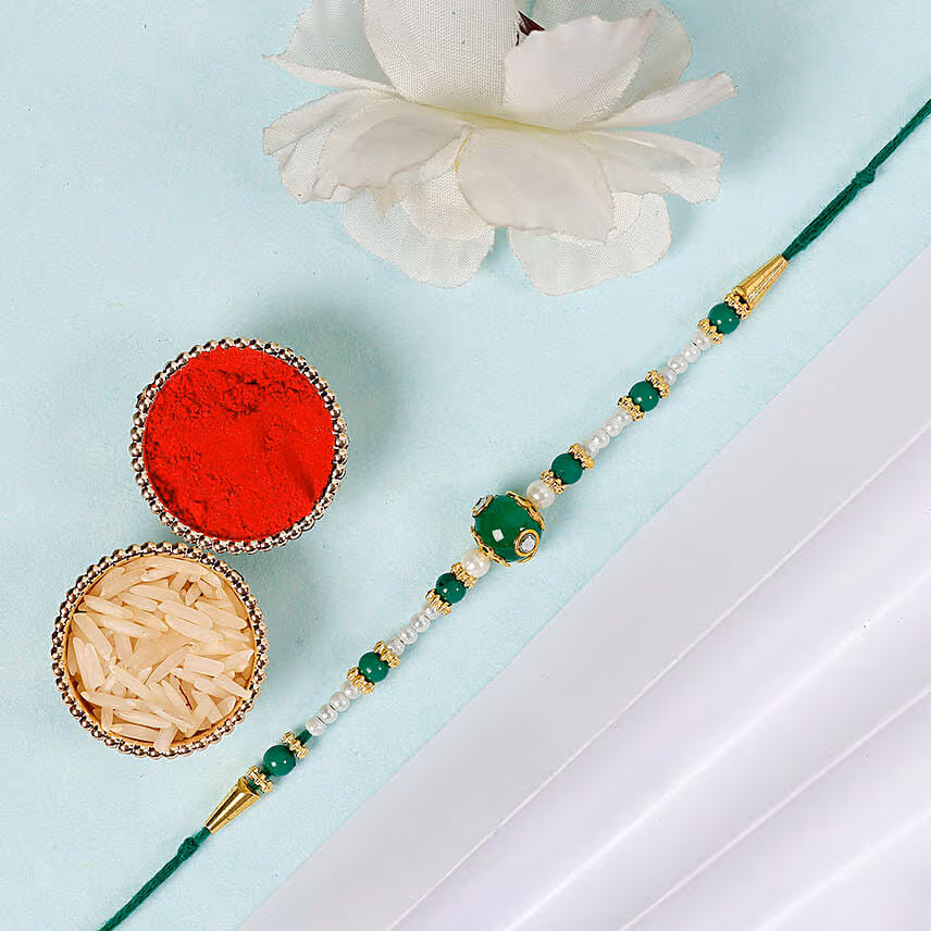 Sneh Green Rakhi With Soan Papdi & Ferrero Rocher