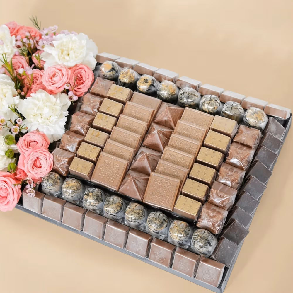 Luxurious Chocolate Tray with Pink Flowers by Opera Patisserie