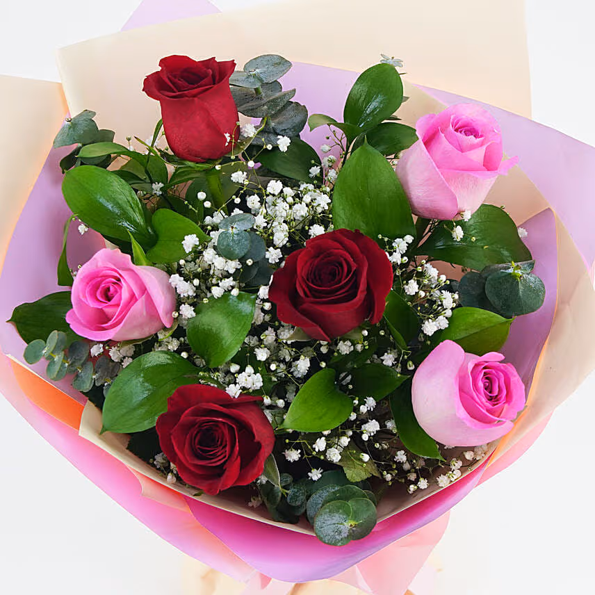 3 Pink & 3 Red Lovely Roses Bouquet