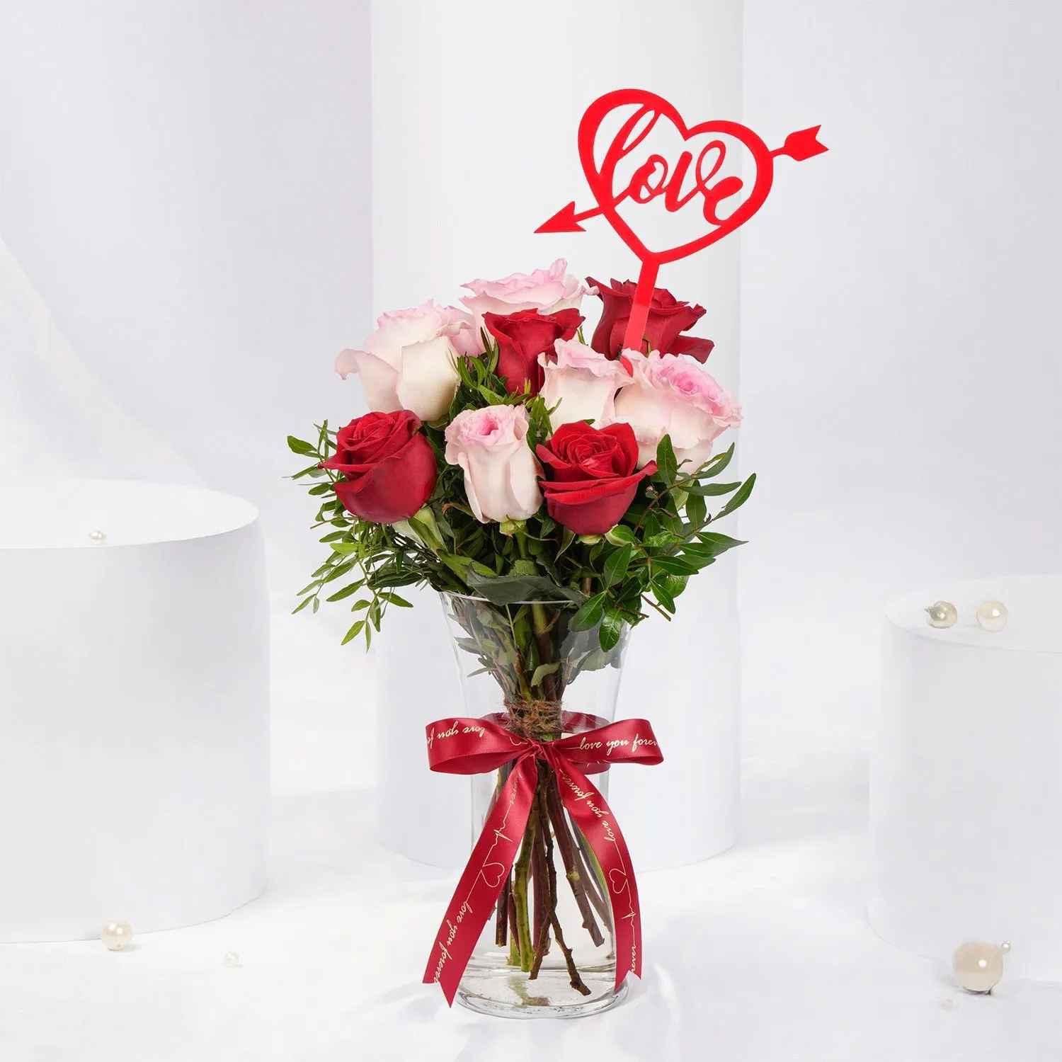 Romantic Valentine Rosy Reflections Bouquet with Red Love Topper