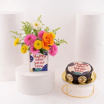 Decadent New Year Chocolate Celebration - Cake With Flower Arrangement