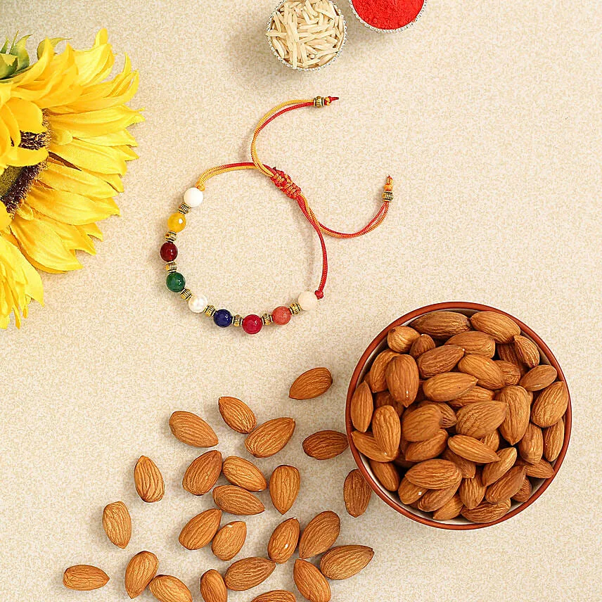 Beautiful Navrattan Rakhi N Almonds Combo