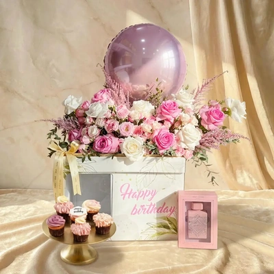 Luxurious Pink Pearl Celebration Box with Roses, Cupcakes & Perfume