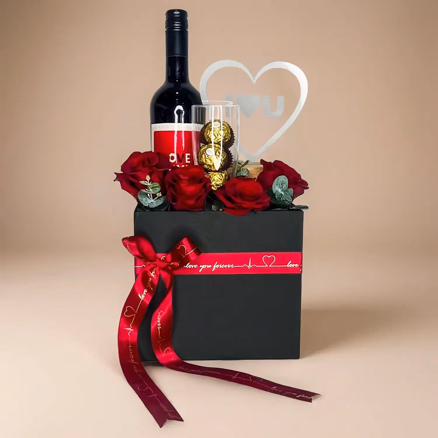 Elegant Romance Gift Box with Roses, Wine, and Chocolates