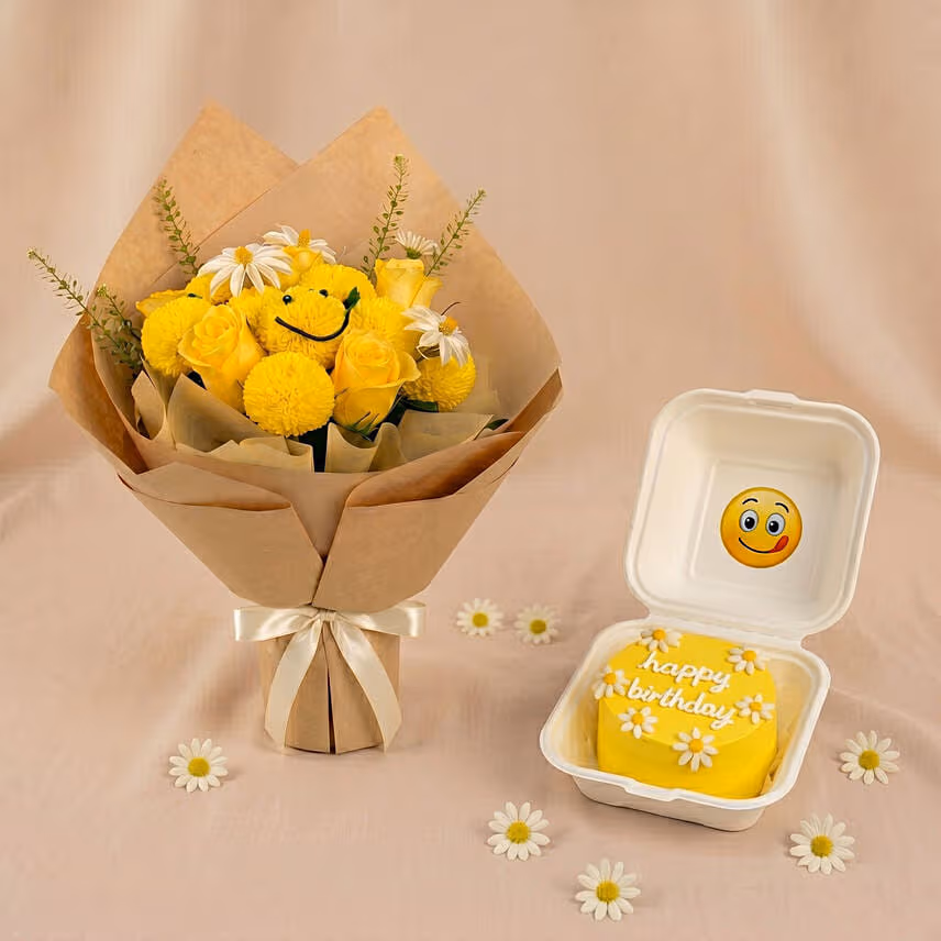 Sunny Smile Bloom Buddies Bouquet and Bento Cake