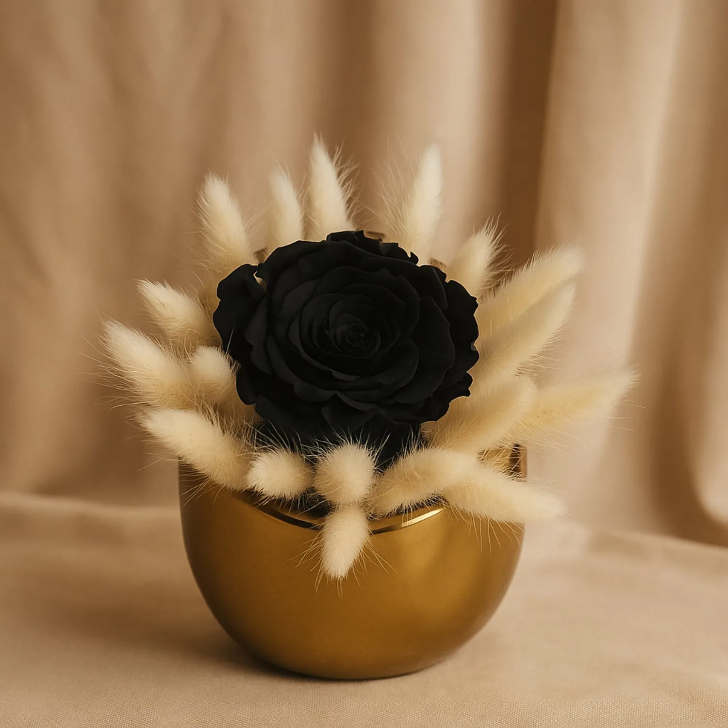 Elegant Black Forever Rose in a Golden Vase with White Lagarus