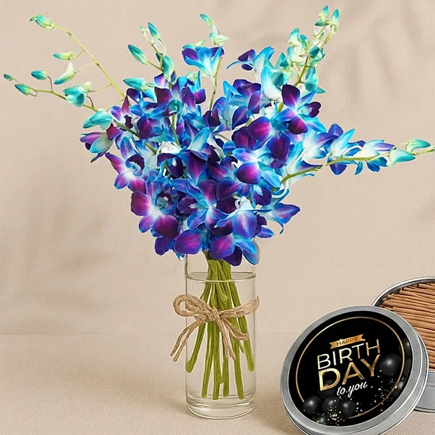 Blue Orchids Bouquet With Tin Cake