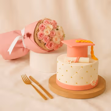 Elegant Graduation Celebration Cake with Pink Baby Rose Bouquet