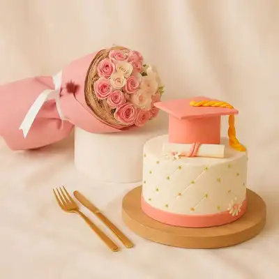 Elegant Graduation Celebration Cake with Pink Baby Rose Bouquet
