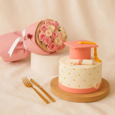 Elegant Graduation Celebration Cake with Pink Baby Rose Bouquet