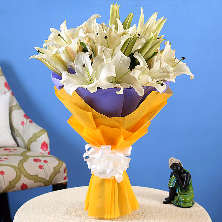 Beautiful 7 White Oriental Lilies Bouquet with Ferrero Rocher