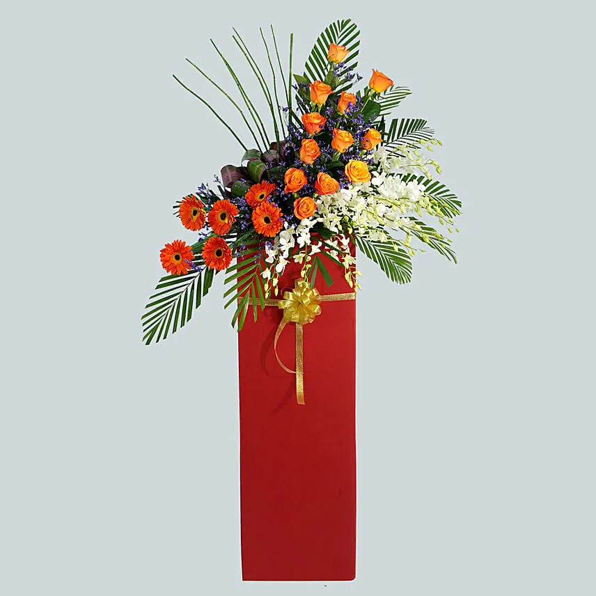 Beautiful Mixed Flowers Red Cardboard Stand