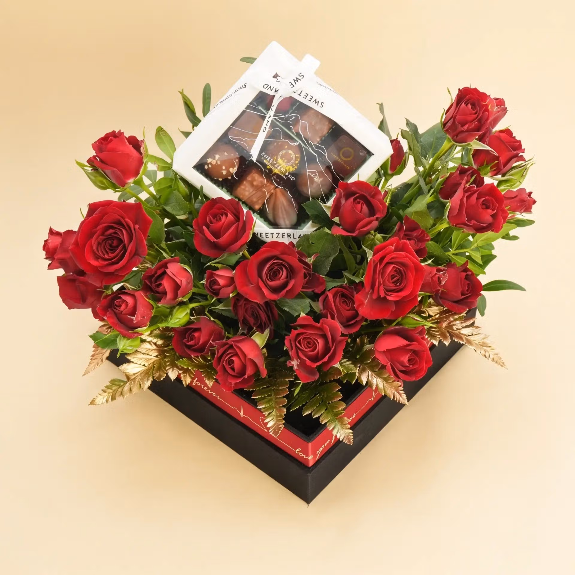 Luxurious Red Velvet Roses with Swiss Chocolates Gift Box