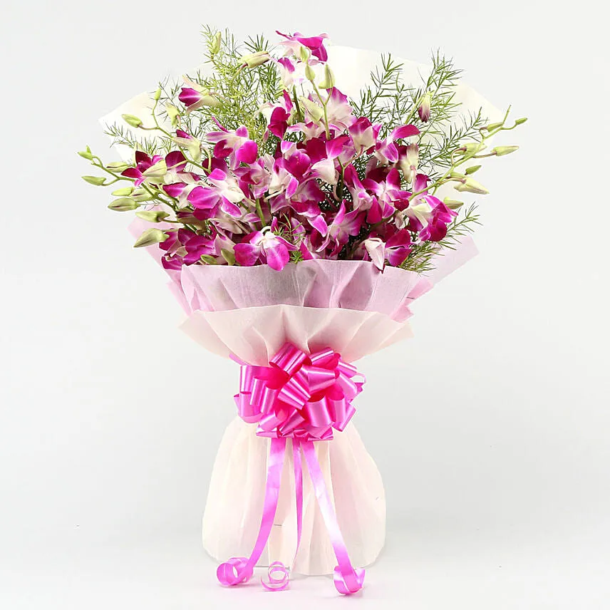 Ten Purple Orchids Bouquet With Teddy