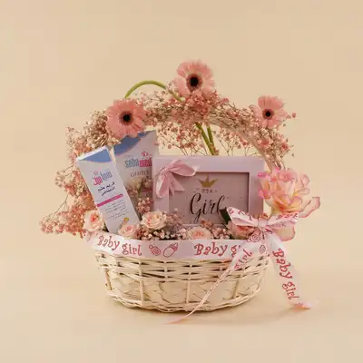 New Baby Girl Basket | Flowers with Bostani Chocolate
