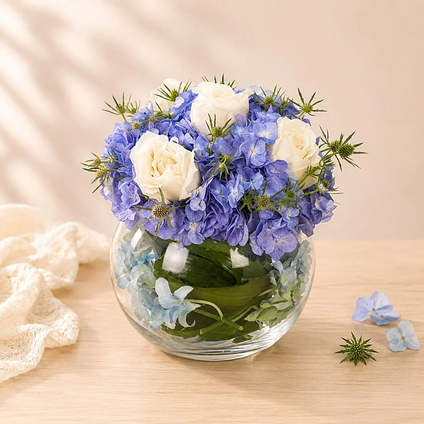Elegant Blue Hydrangea & White Rose Glass Bowl Arrangement