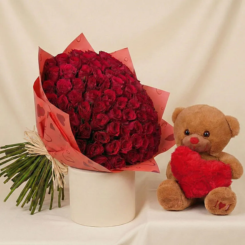 75 Dark Pink Roses & Teddy
