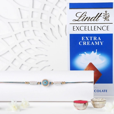 Elegant Blue Floral Meenakari Rakhi with Lindt Milk Chocolate Gift Set