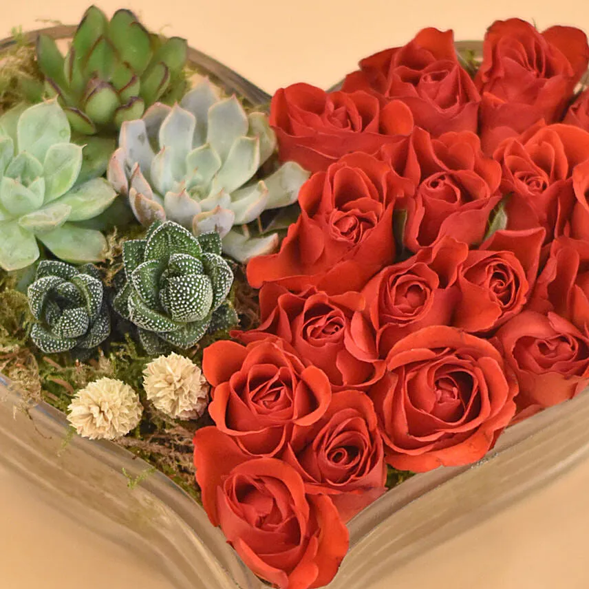 Red Roses & Succulents Heart Shaped Vase