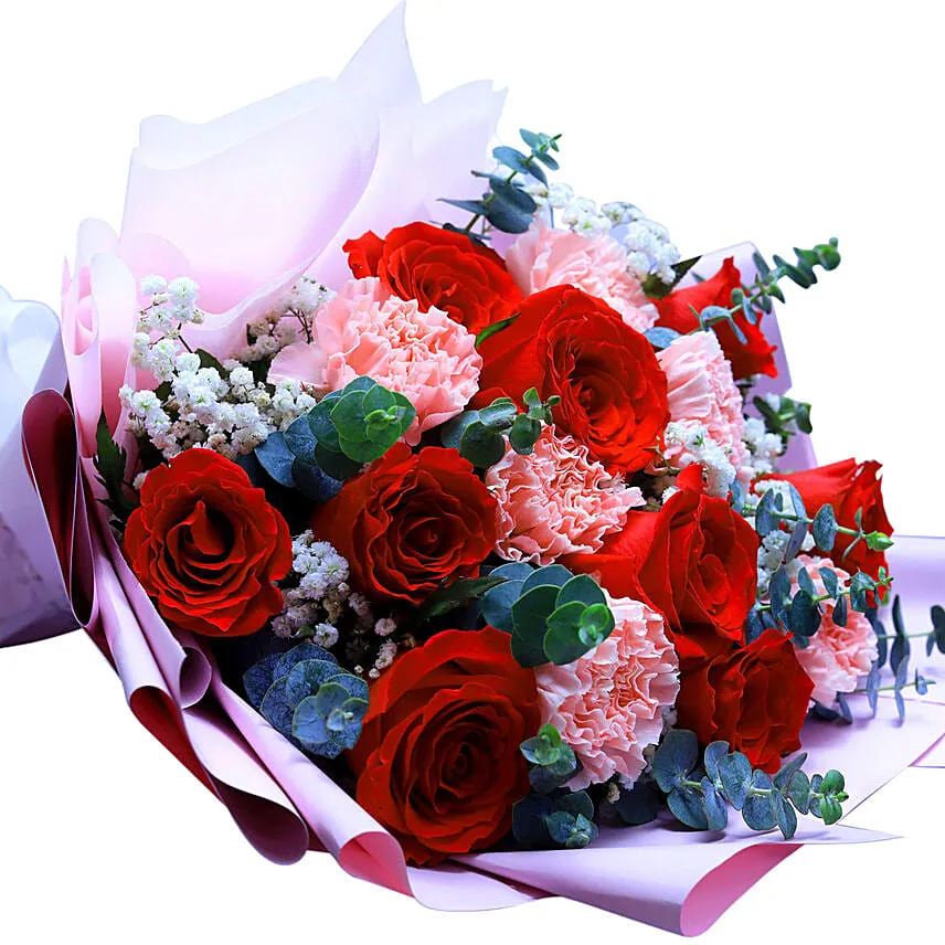 Mixed Flower Bouquet With Red Velvet Heart Shaped Cake
