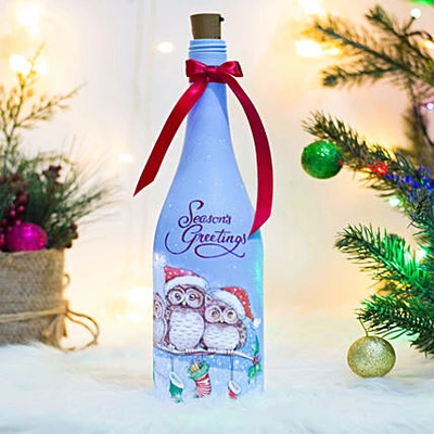 Festive Christmas Glass Bottle with LED Light and Hand-Painted Owls