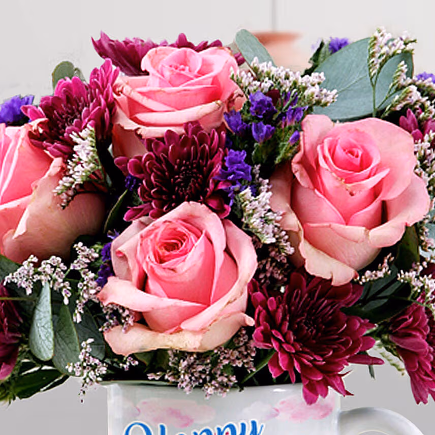 Beautiful Mixed Flowers In Birthday Mug