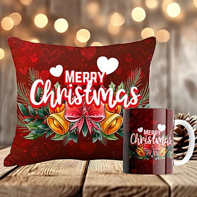 Festive Holly Christmas Wishes Cushion and Mug Set