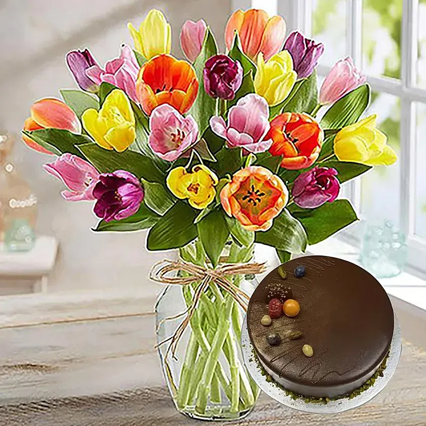 20 Mixed Tulips In Glass Vase With Chocolate Cake
