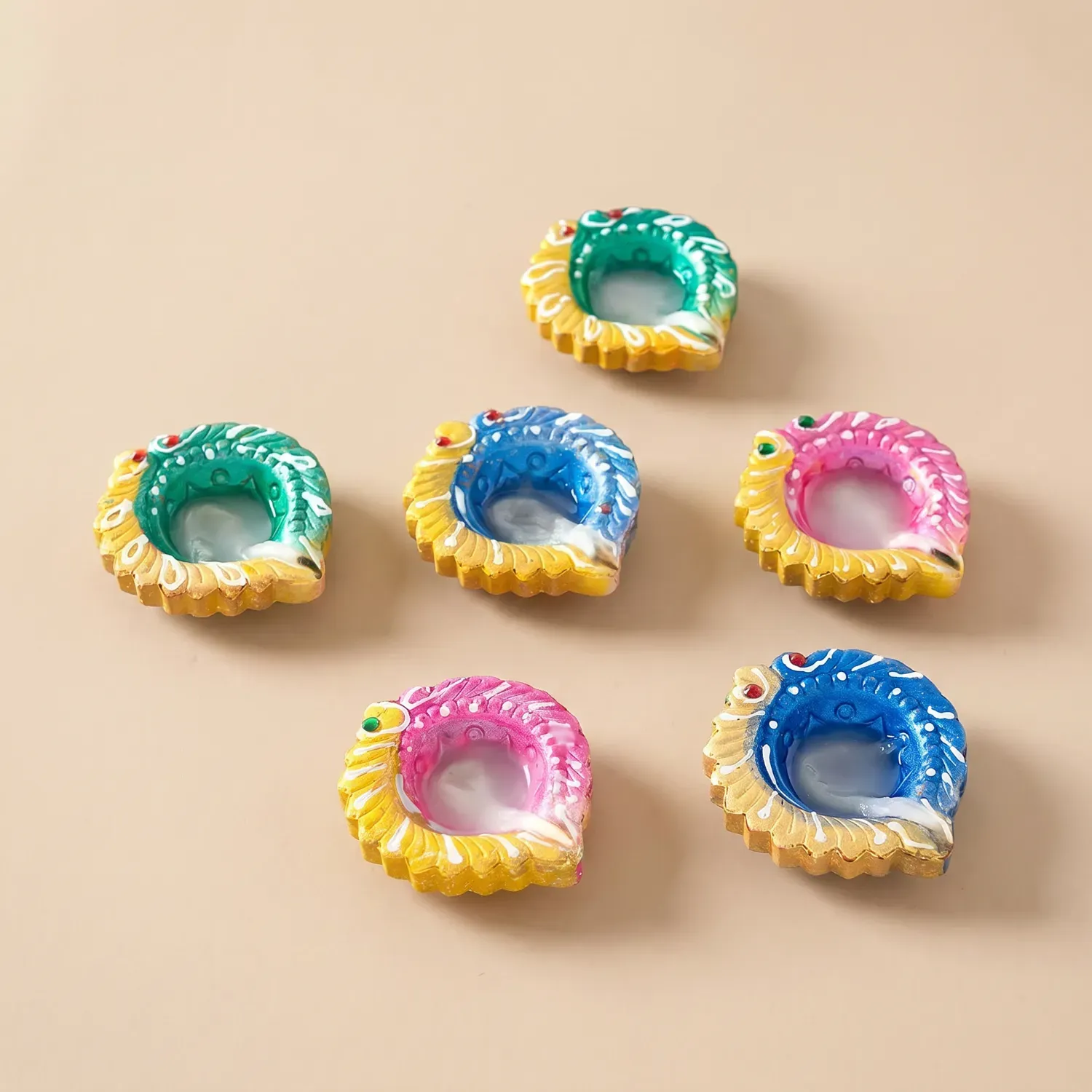 Handcrafted Set of 6 Colorful Diyas for Festive Decor