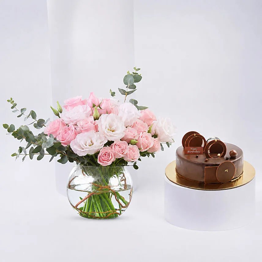 Elegant Rose And Lisianthus Bloom Bowl With Decadent Fudge Cake